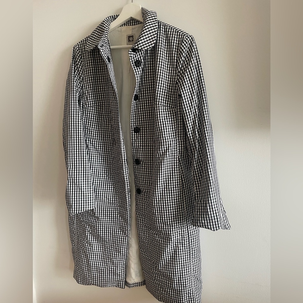 Anne Klein Black White Houndstooth Gingham Trench Jacket pre-owned size 8
